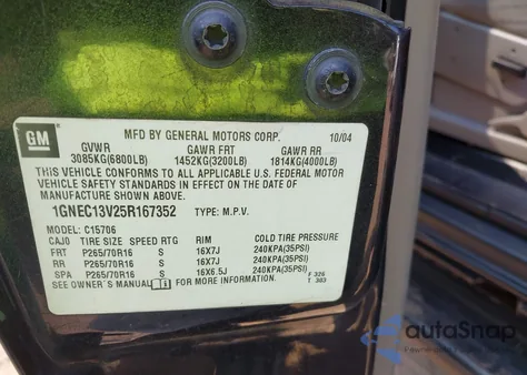 2005 Chevrolet Tahoe Ls from USA, damaged, VIN 1GNEC13V25R167352